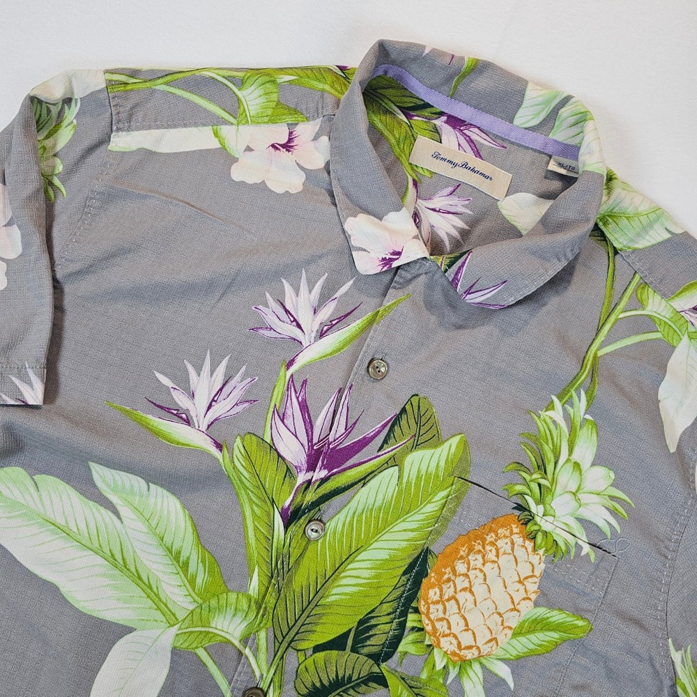 Tommy Bahama Silk Shirt Mens XL Grey Pineapple Hibiscus Bird of Paradise